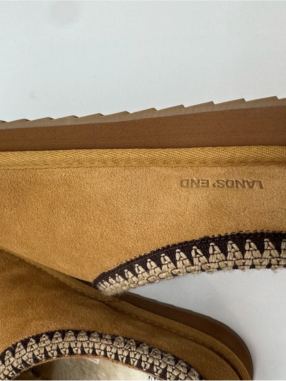 Lands' End Tan Suede Slip-On Slippers with Braided Trim Womens 11 Mens 9 new